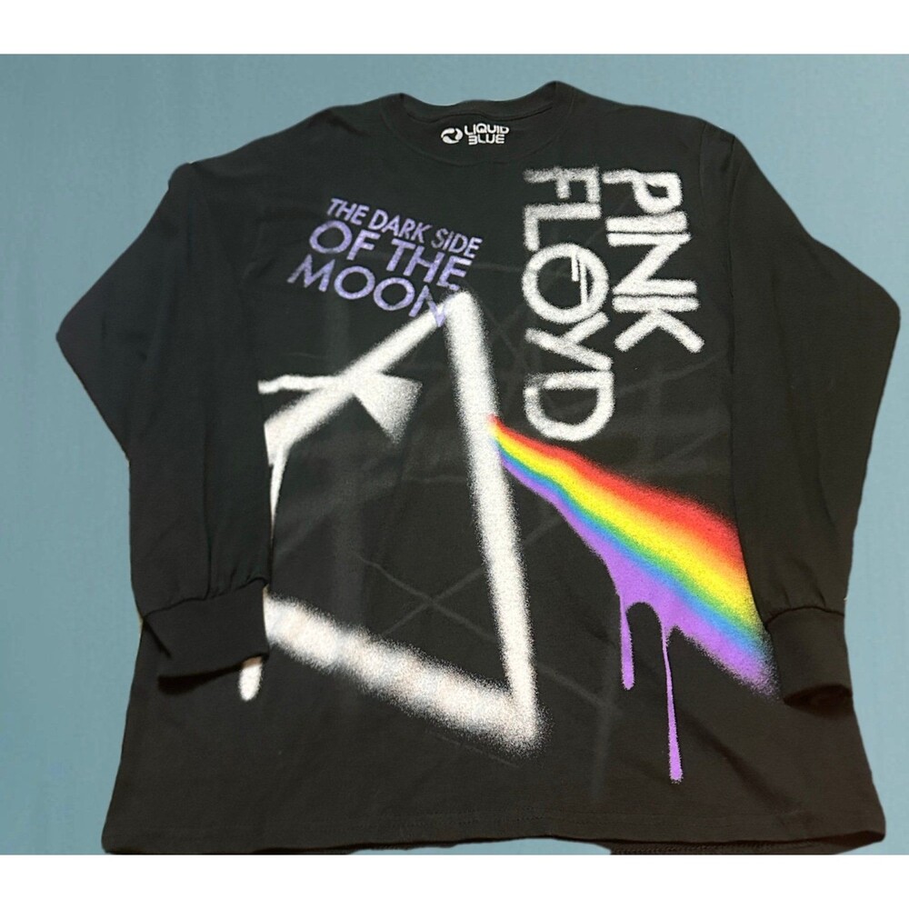 PINK FLOYD Liquid Blue Black Tee with Rainbow Prism Pink Text M